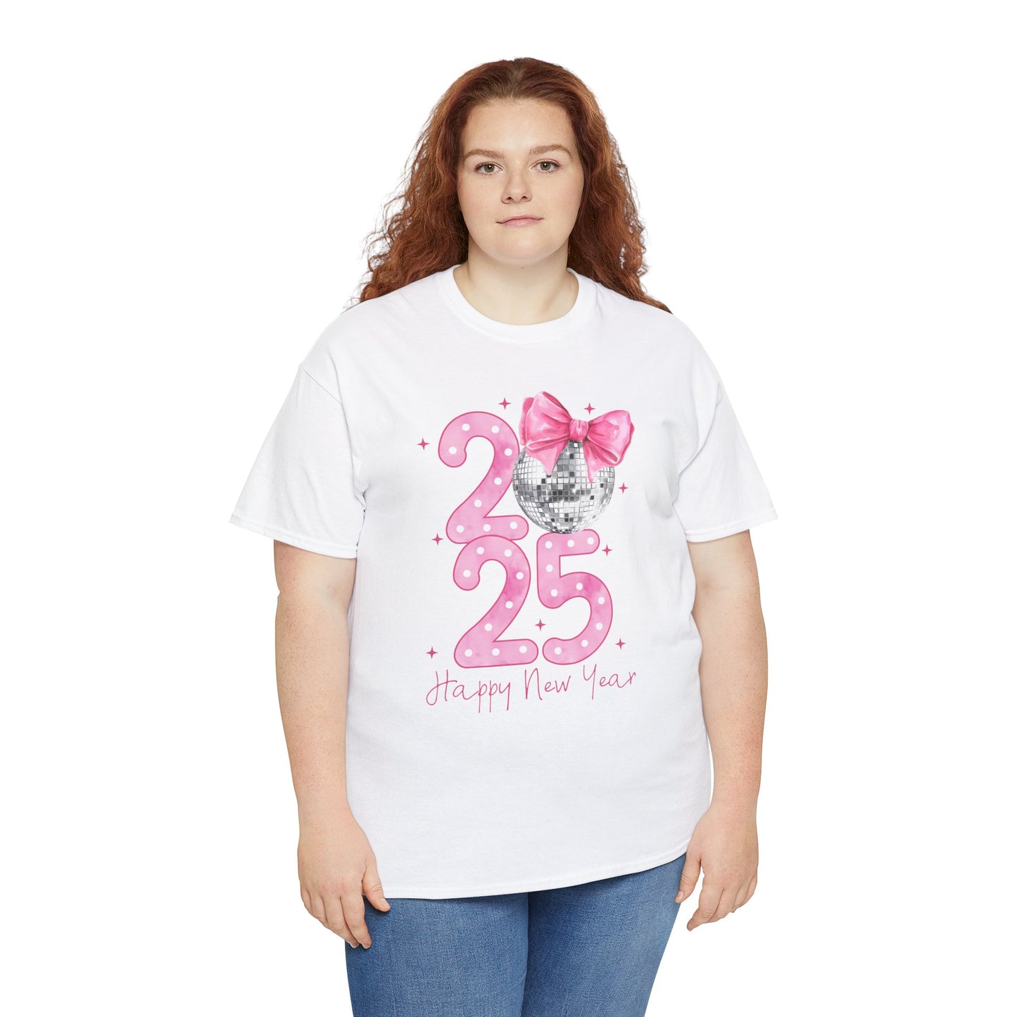 2025 Happy New Year T-Shirt – Sparkling Disco Ball & Bow Design for Women