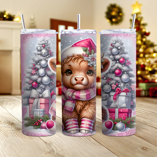 Skinny Tumbler- Christmas pink highlander cow