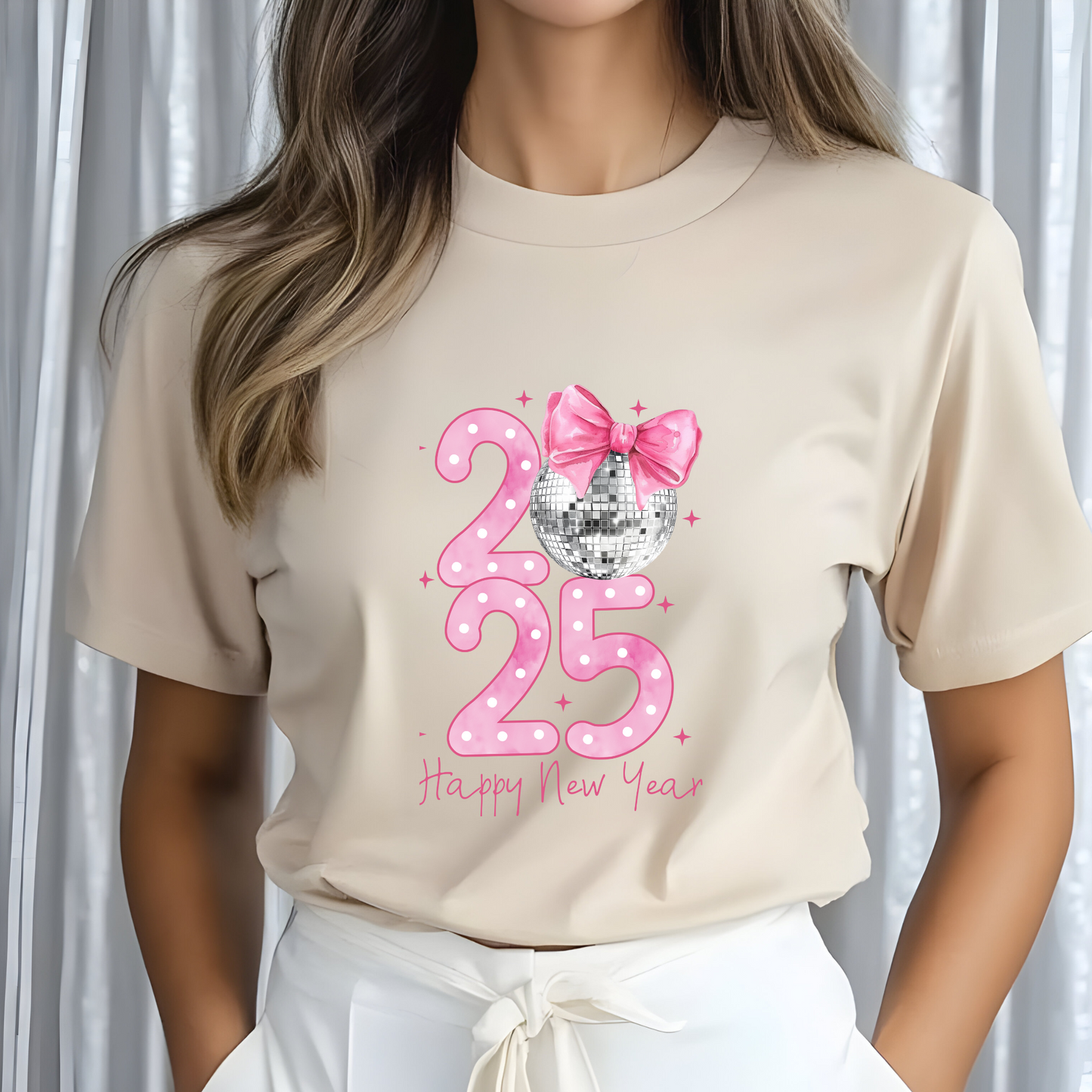 2025 Happy New Year T-Shirt – Sparkling Disco Ball & Bow Design for Women