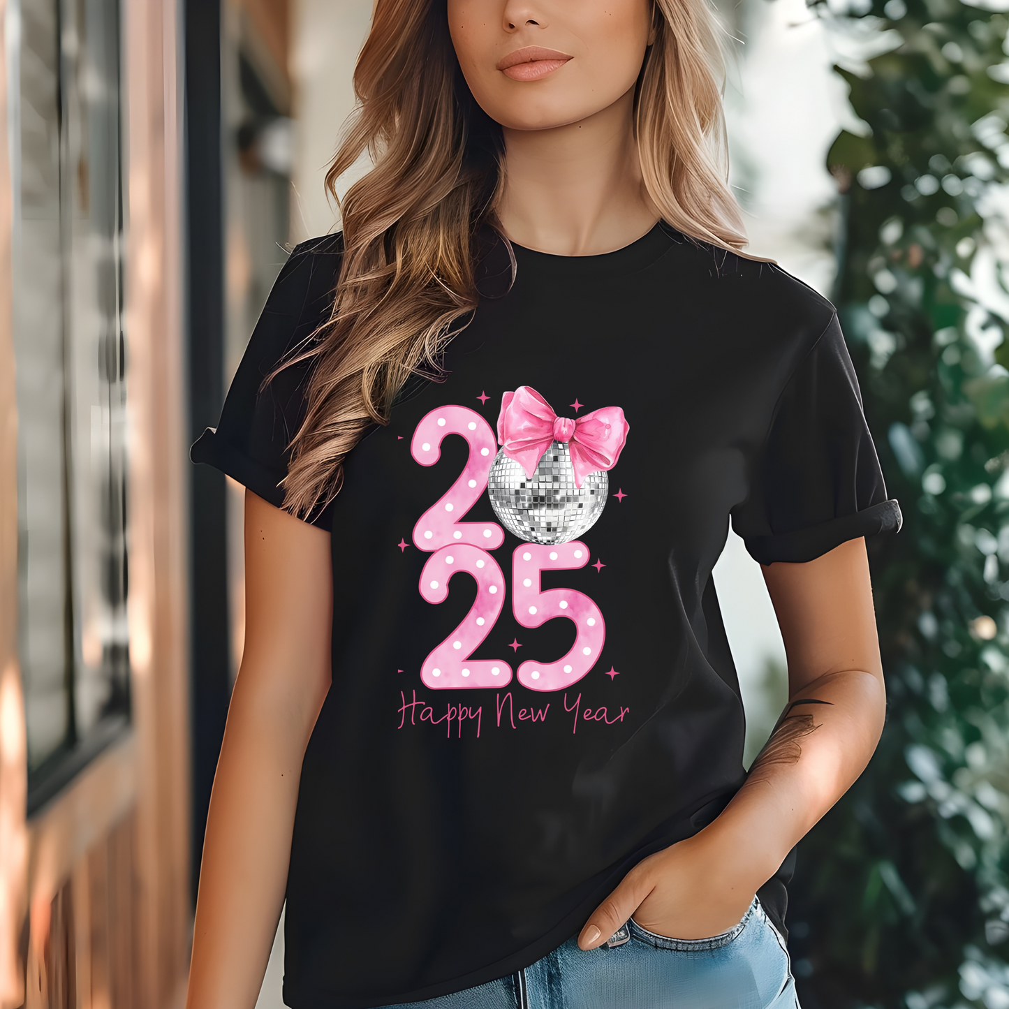 2025 Happy New Year T-Shirt – Sparkling Disco Ball & Bow Design for Women