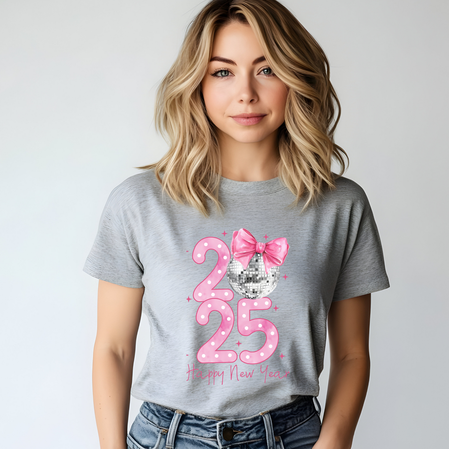 2025 Happy New Year T-Shirt – Sparkling Disco Ball & Bow Design for Women