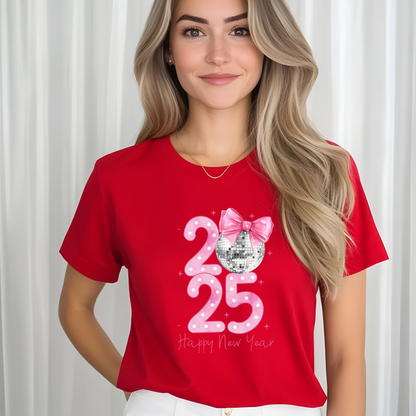 2025 Happy New Year T-Shirt – Sparkling Disco Ball & Bow Design for Women